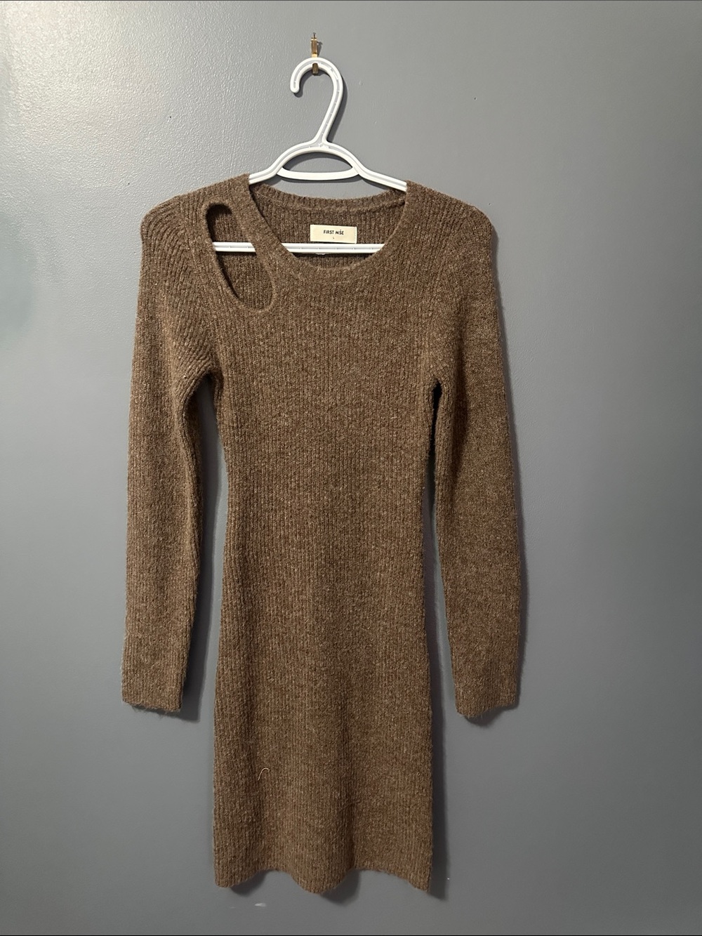 First MSE Brown Ribbed Long-Sleeve Cutout Sweater Dress